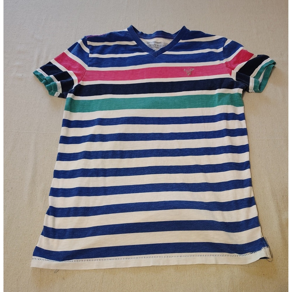 American Eagle Mens Athletic Fit V-Neck Striped T-Shirt Blue Pink Teal Medium 12